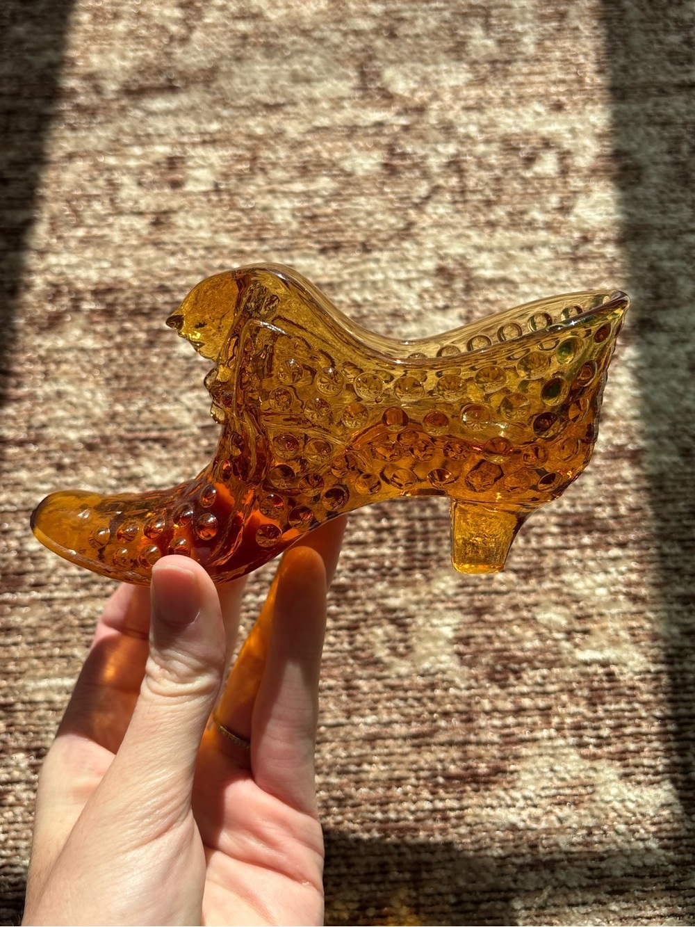 Vintage Fenton Hobnail Cat Head Shoe Amber Art Glass